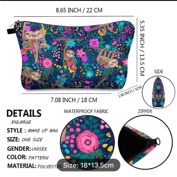 Super Cute Sloth Design Pattern Cosmetic Bag Makeup Travel Zipper Pouch - Picture 4 of 7